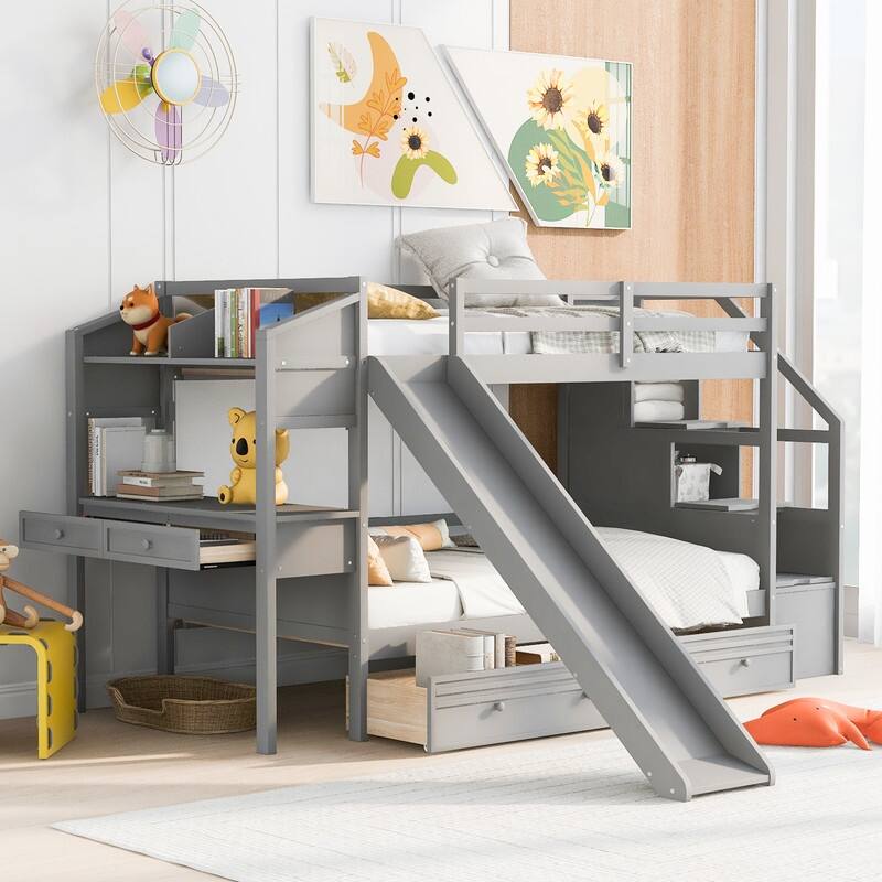 Twin over Twin Bunk Bed with Storage Staircase, Slide and Drawers, Desk - Grey