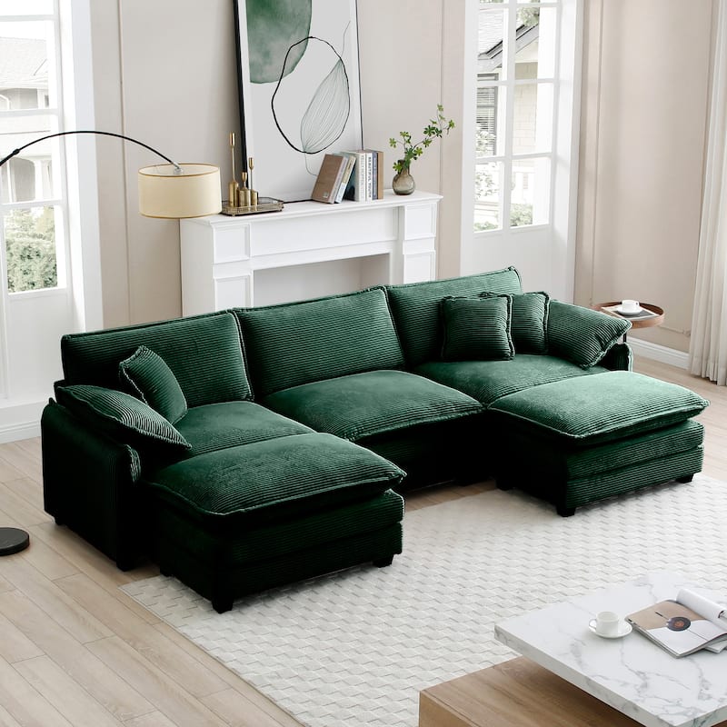 5-Piece Corduroy U-Shaped Modular Sectional Sofa with 2 Ottomans - Green