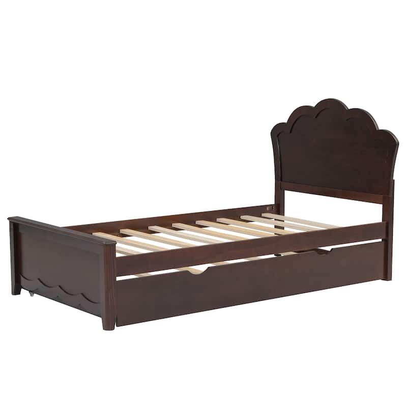 Modern Wood Platform Bed with Headboard and Twin Size Trundle for Bedroom
