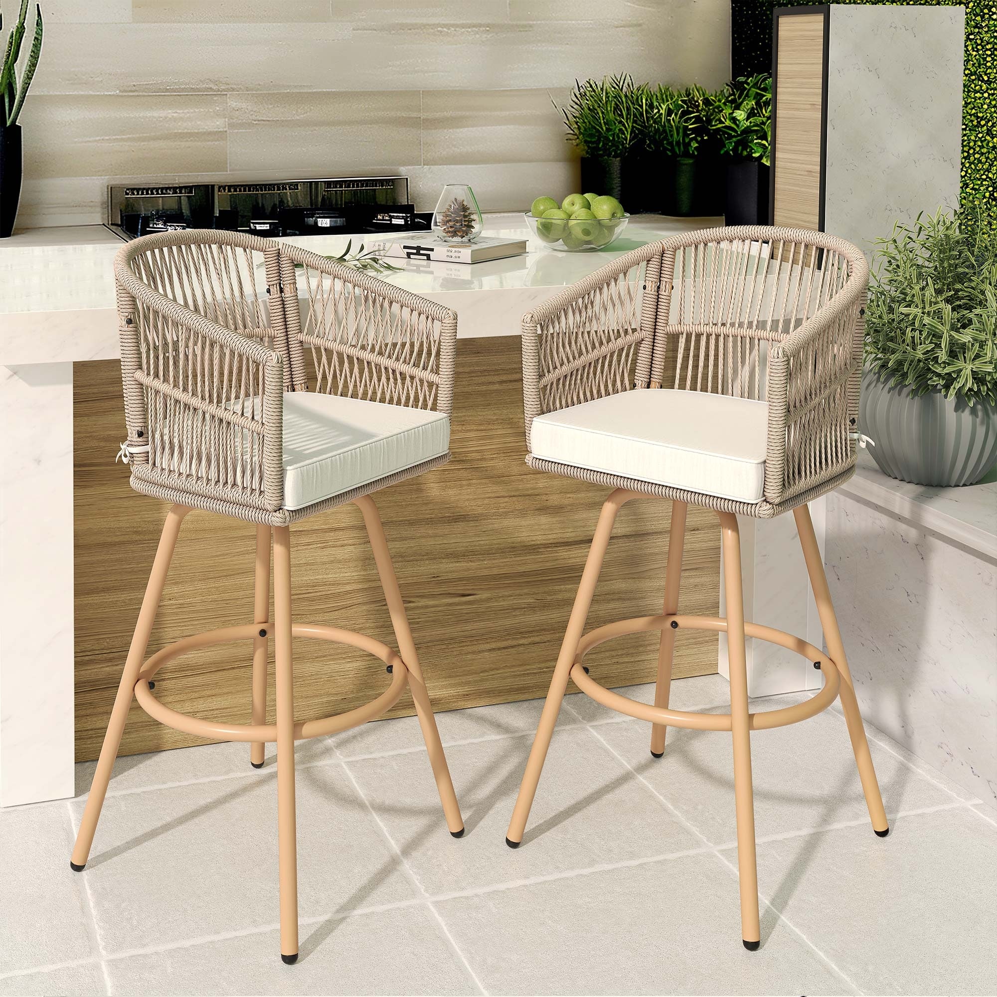 Wicker Outdoor Wooden Bar Stools ECOTOUGE 4-Pack Rattan Bar Stools