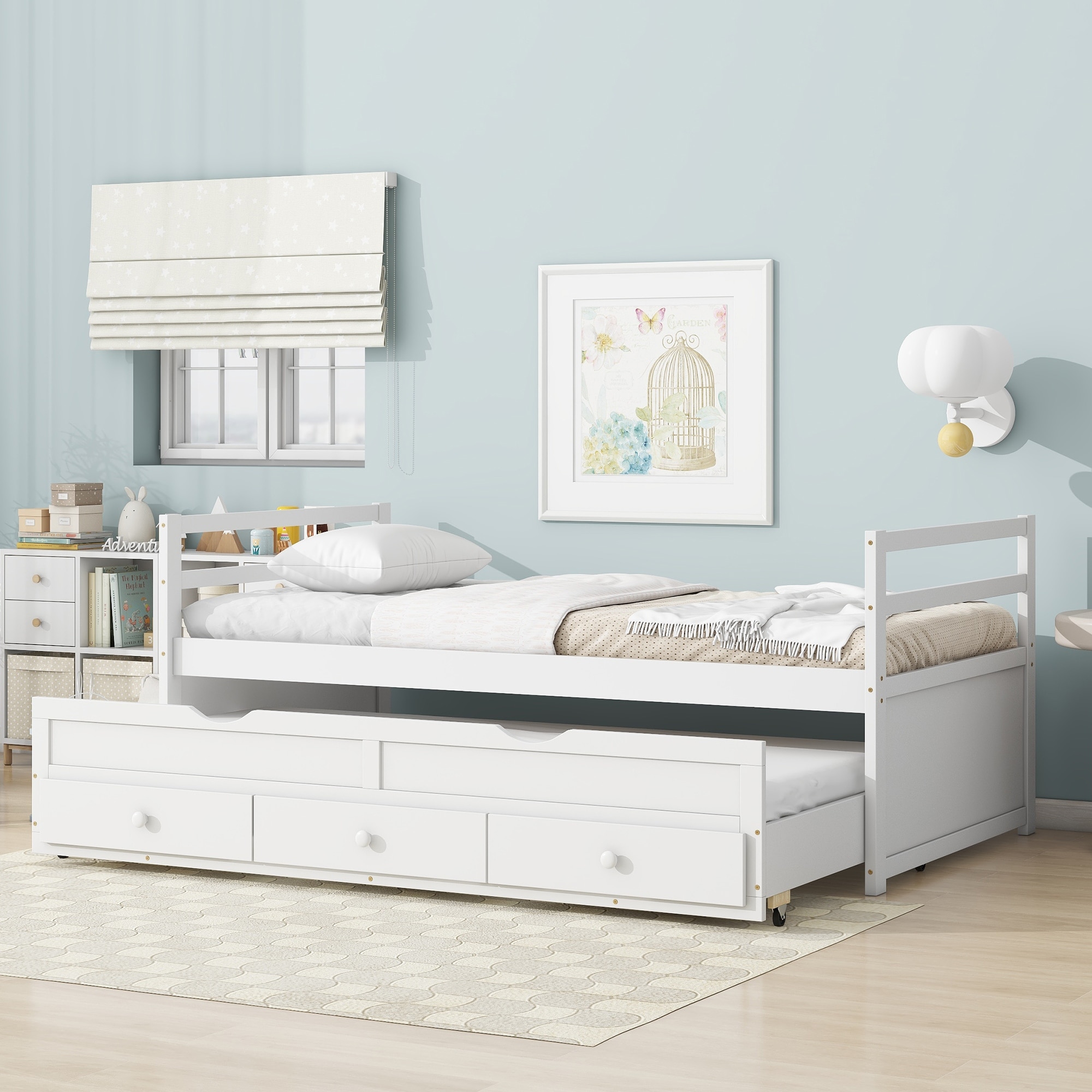 Twin Pine Bed with Headboard, Trundle & 3 Drawers, White