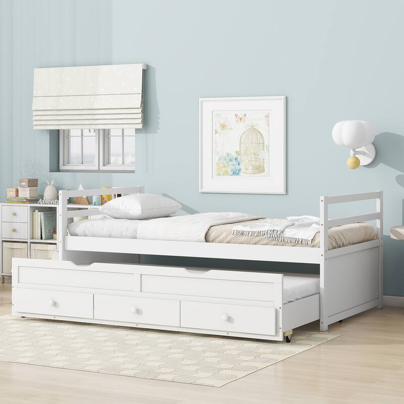 Twin Size Bed Frame with Trundle, Storage Drawers, Headboard and Footboard, Space-Saving Pine Wood Design for Small Bedrooms