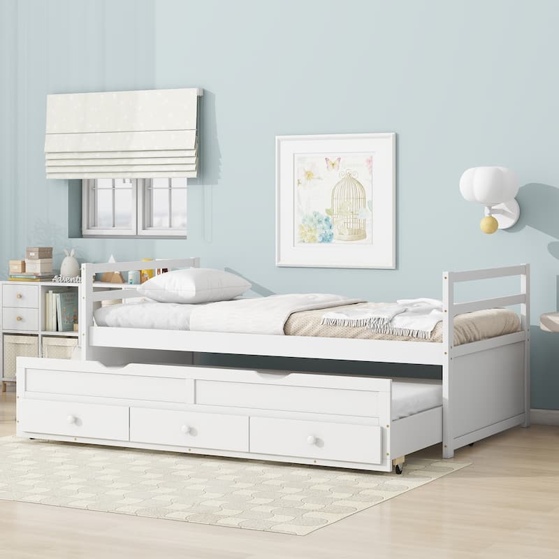 Twin Size Pine Wood Bed with Headboard, Footboard, Trundle, and Three Storage Drawers in White