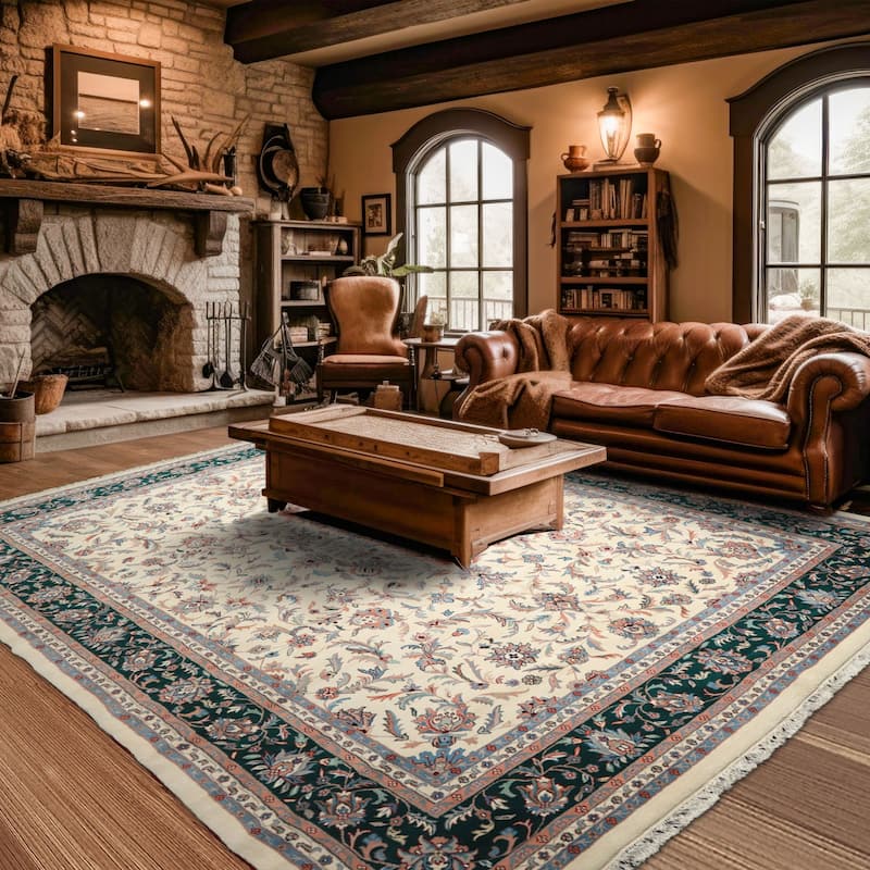 12x15 Hand Knotted Wool Cream Kashaan Traditional Botanical Plush Pile Area Rug - 12' x 15' - 12' x 15'