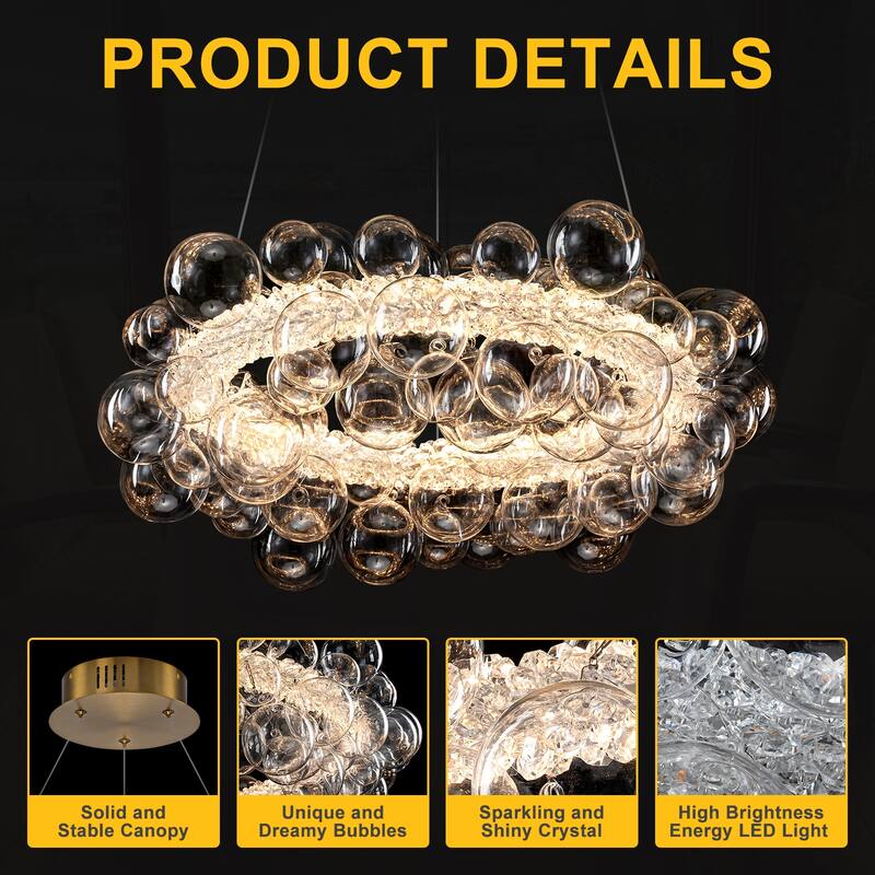 Crystal Bead LED Chandelier with Glass Globe, Adjustable