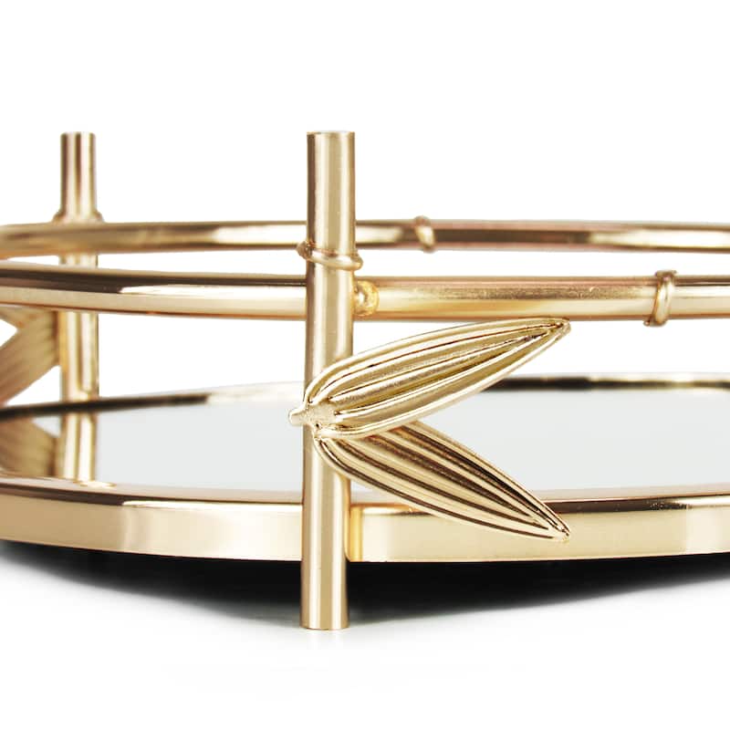 Gold Bamboo Style Round Metal Mirror Decorative Tray Serving Platter