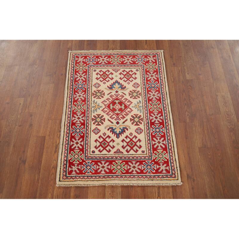 Hand Knotted Oriental 100% Wool Carpet Traditional Geometric Yellow & Gold Kazak Area Rug - 2' 10'' X 2' 1''