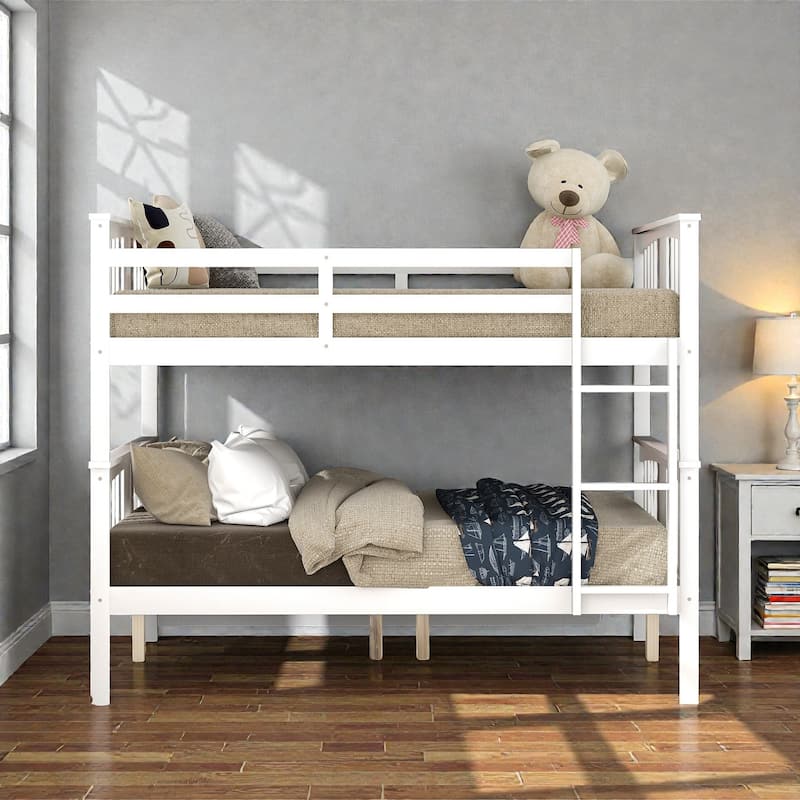 Full Over Full Bunk Bed with Ladder, Solid Wood Convertible Bunk Bed Frame for Bedroom or Guest Room