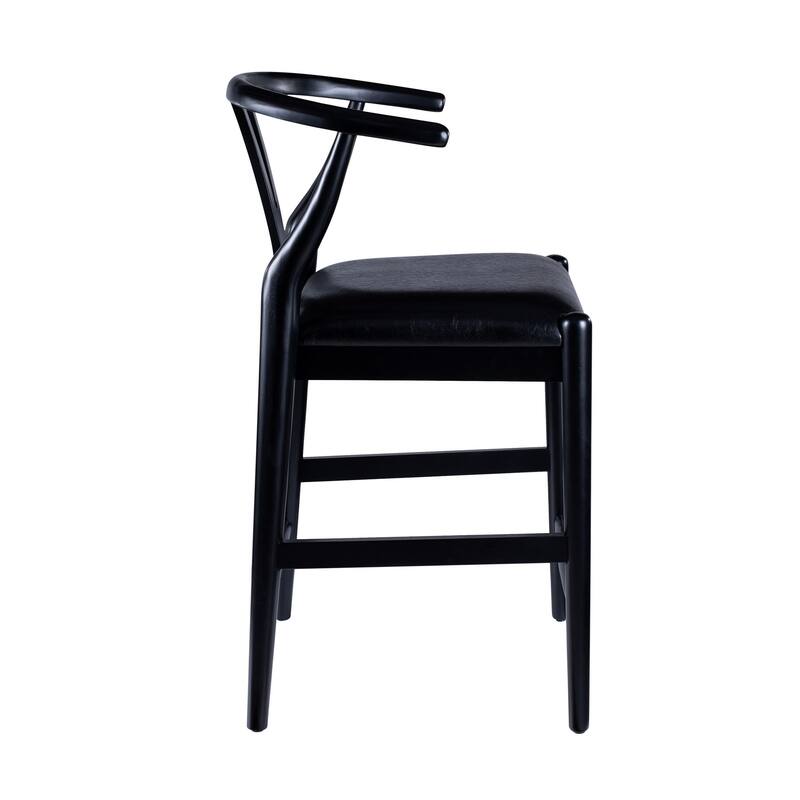 Cera Counter Stool Chair Set of 2, Faux Leather Seat, Black Rubberwood