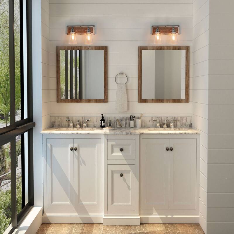 Farmhouse 2-Light Wood Wall Sconce Bathroom Vanity Light - Silver