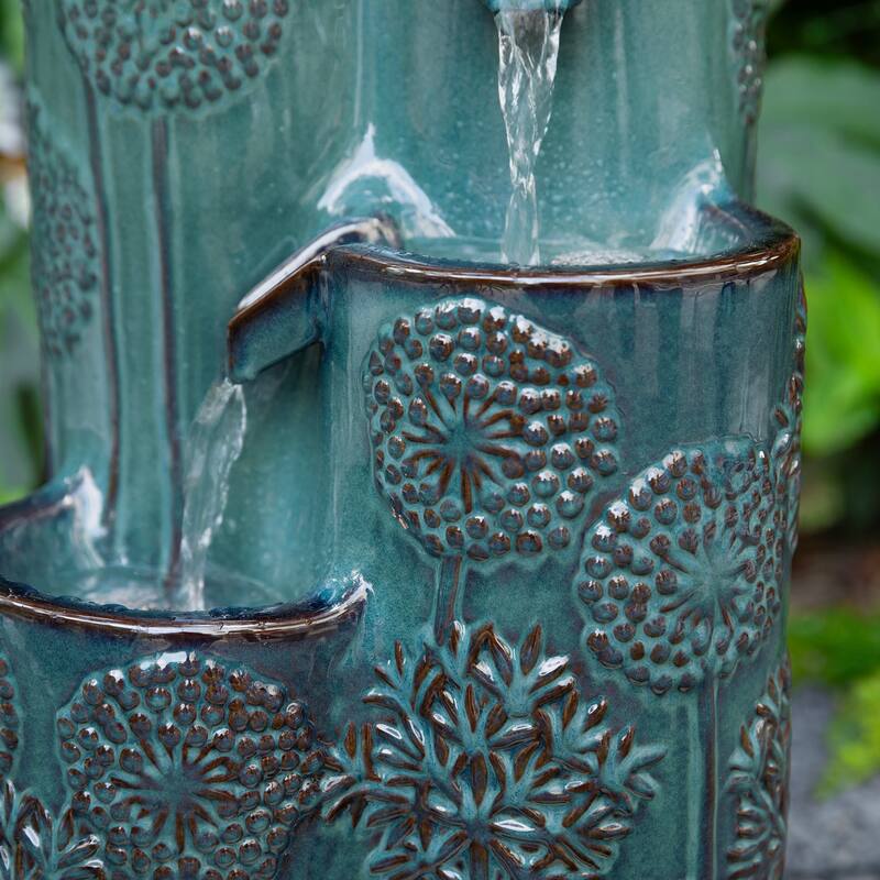 Glitzhome 27" H 4-Tier LED Ceramic Outdoor Floor Fountain with Birds, Cobalt Blue Turquoise Dandelion Texture Vase-Shaped