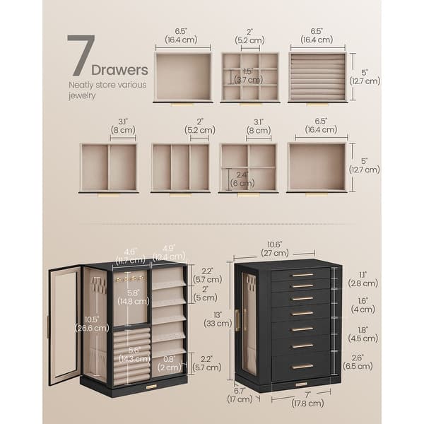 dimension image slide 1 of 2, Jewelry Box 360° Rotating with 7 Drawers and Sparkling Metal Handles - 6.7"D x 10.6"W x 13"H