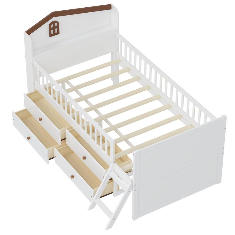 Twin Size Wood Platform Bed with 4 Storage Drawers and Safety Guardrail and Ladder