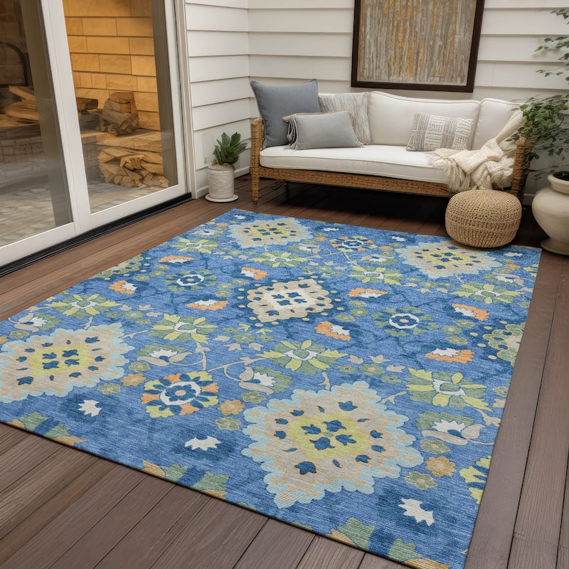Machine Washable Indoor/ Outdoor Boho Traditional Chantille Rug - Blue - 10' x 14'