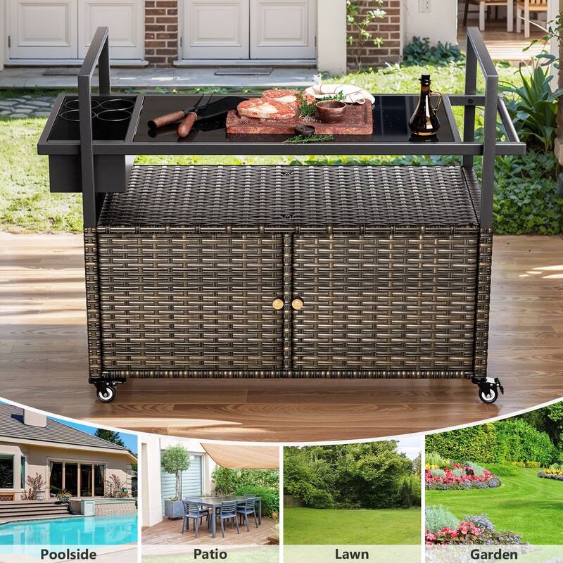 Outdoor 49.2" PE Wicker Bar Cart with Cabinet Patio Serving Cart with Tempered Glass Top