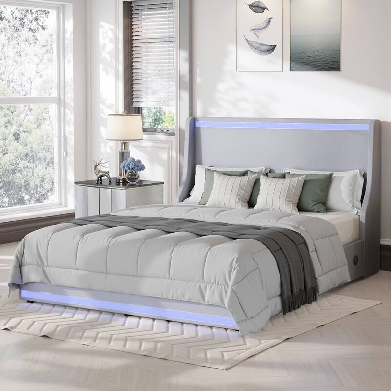VECELO Modern LED Upholstered Platform Bed Frame with 2 Storage Drawers, USB & Type-C Ports, Full/Queen Size Bed