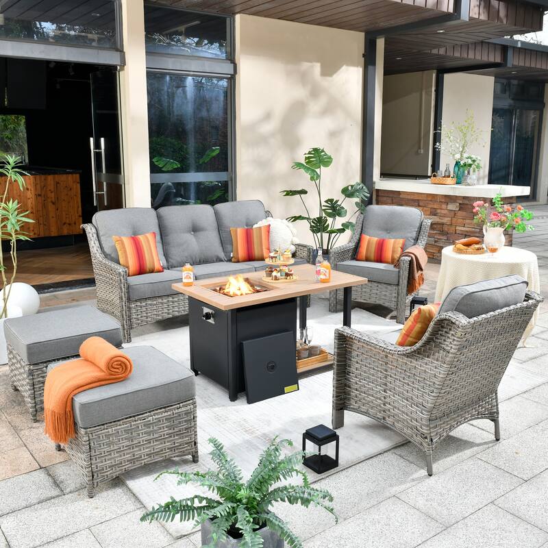 HOOOWOOO 6-piece Wicker Patio Furniture Set with Fire Pit Table - Dark Grey