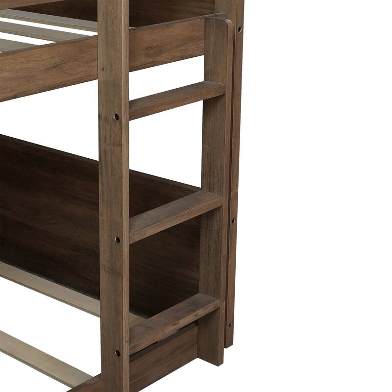 Twin over Twin Floor Bunk Bed w/ Headboard,Footboard,Safety Guardrails