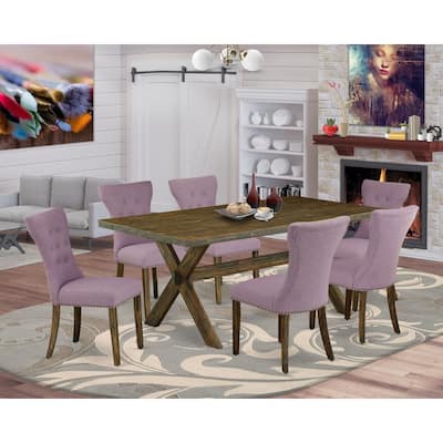 Gothic Glamour 7 Piece Dining Set - Hardwood Table & 6 Parson Chairs - Dark Khaki Upholstered Dining Room Set