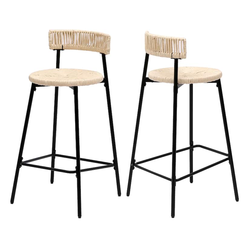 Counter Stools Set Of 2 Handwoven Paper Rope Bar Stools Boho Round Dining Pub Chairs