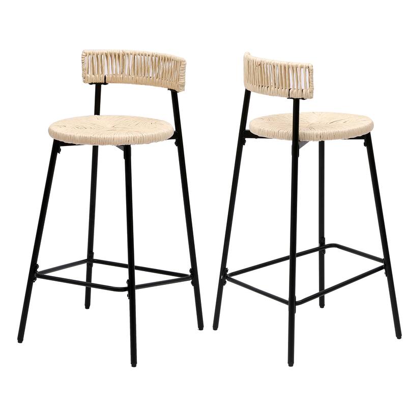 Hand Woven Bar Stools with Back Set of 2 Paper Rope Round Barstools with Footrest for Kitchen Island & Dining Rooms