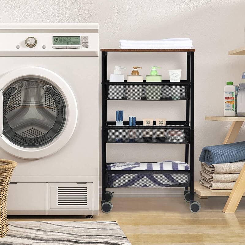 Rustic Kitchen Storage Cart, 4 Tier Kitchen Cart on Wheels, Metal Mesh Storage Pantry Cart with Lockable Wheels