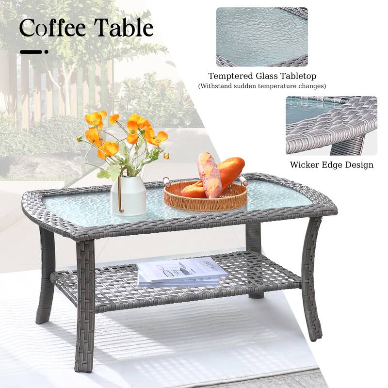 HOOOWOOO 4-piece Wicker Outdoor Conversation Sofa Set with Glass Coffee Table