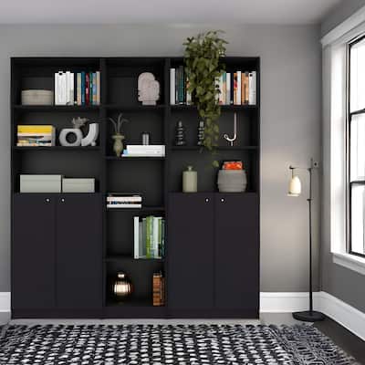 71inch Black Five Tier Bookcase with Four Doors