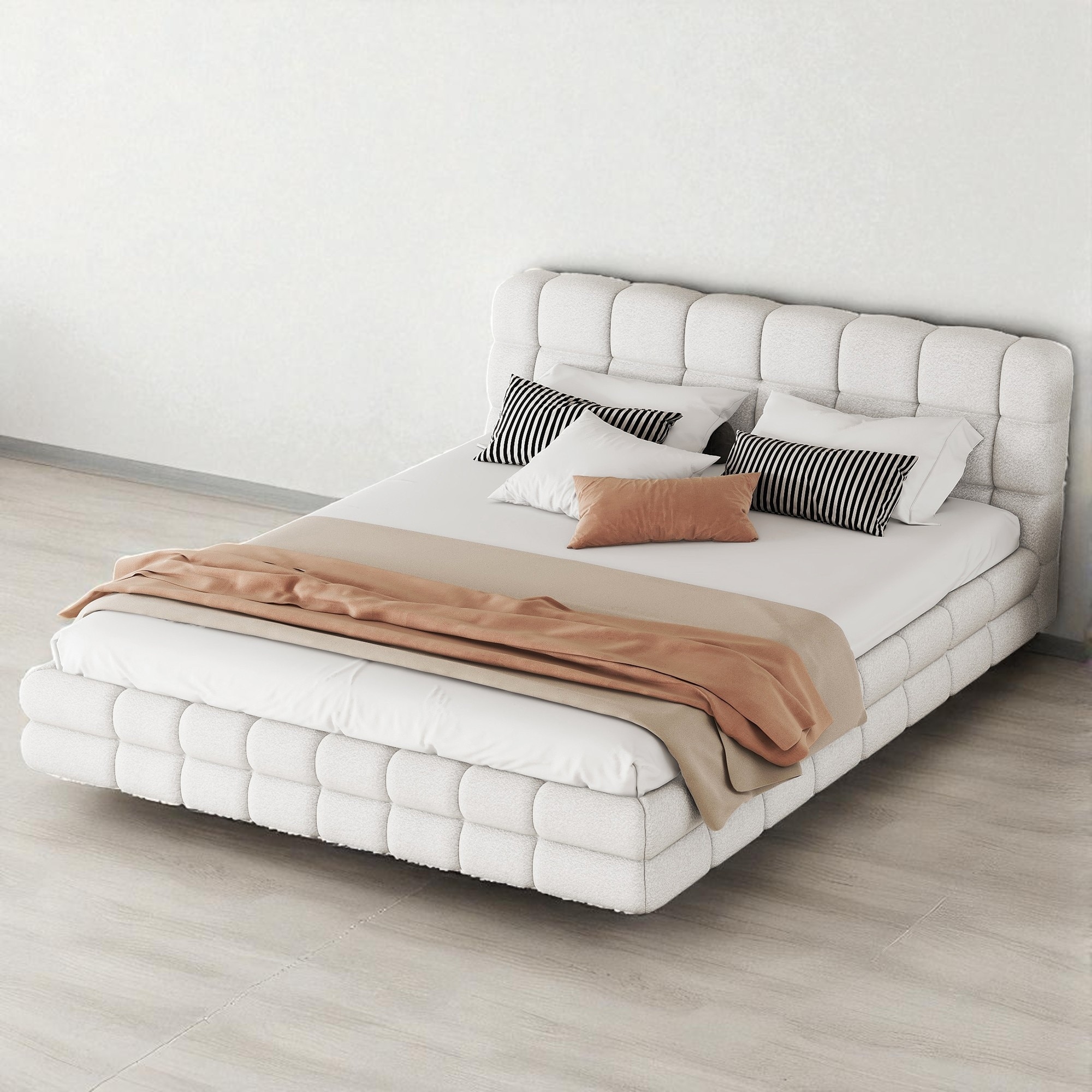 Queen Size Upholstered Platform Bed with Headboard, Berber Fleece Fabric Frame and Wooden Slat Support System