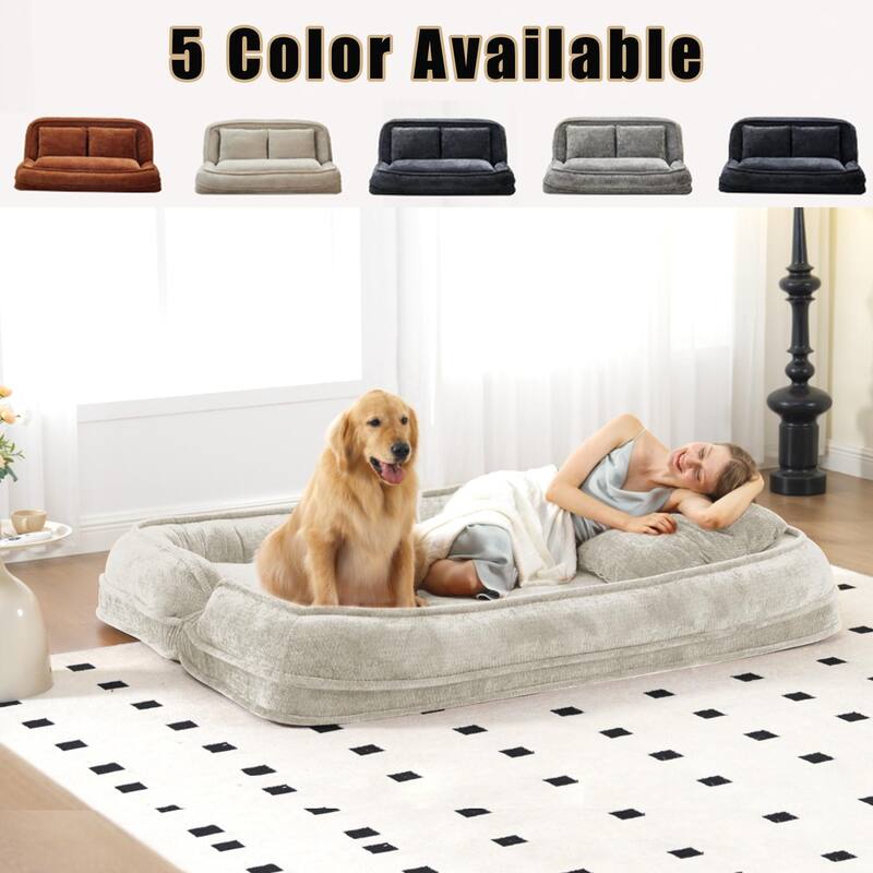 Pet Friendly Lazy Loveseat Sofa 2-in-1 Chenille Floor Couch Double Human Sleeper Bed with 5 Adjustable Position, Plump Pillows