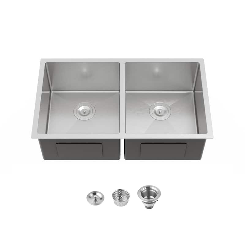 Embedded Double Bowl Kitchen Sink, Undermount Handmade Sink in Brushed (Sink only) - Gray