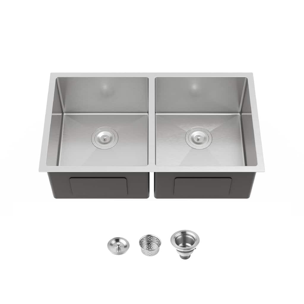 Embedded Double Bowl Kitchen Sink, Undermount Handmade Sink in Brushed (Sink only)