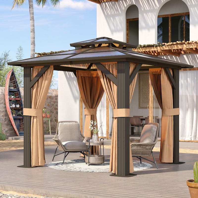 Hardtop Gazebo, Aluminum Frame Permanent Pavilion with Curtains and Netting