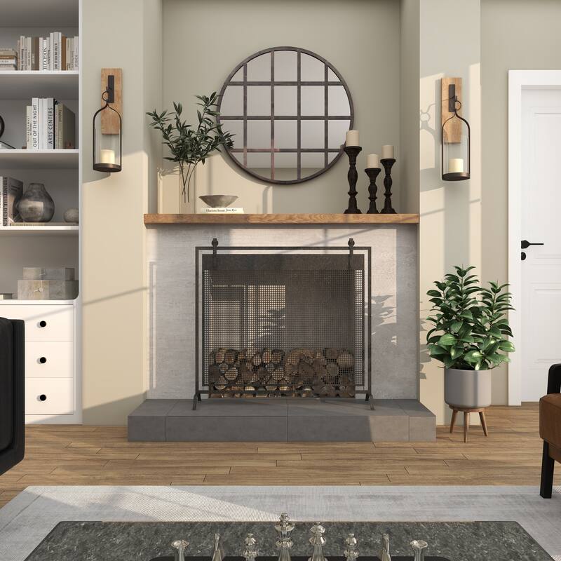 Brown Wood Wall Sconce with Suspended Black Metal and Glass Holder - 6 x 6 x 23