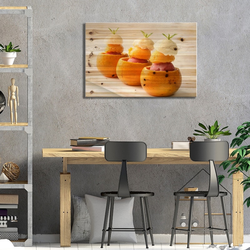 Ice Cream Balls Inside Oranges Print On Wood by Unknown Artist - Multi-Color