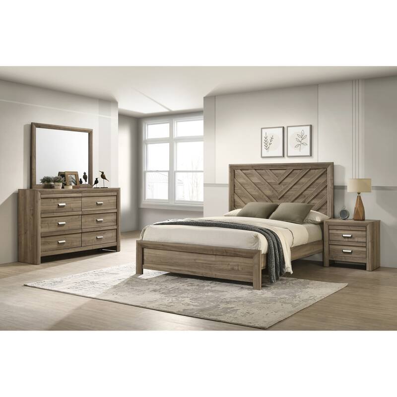 Queen Size Chevron-Patterned Headboard Bed in Light Brown Warm Wood Finish