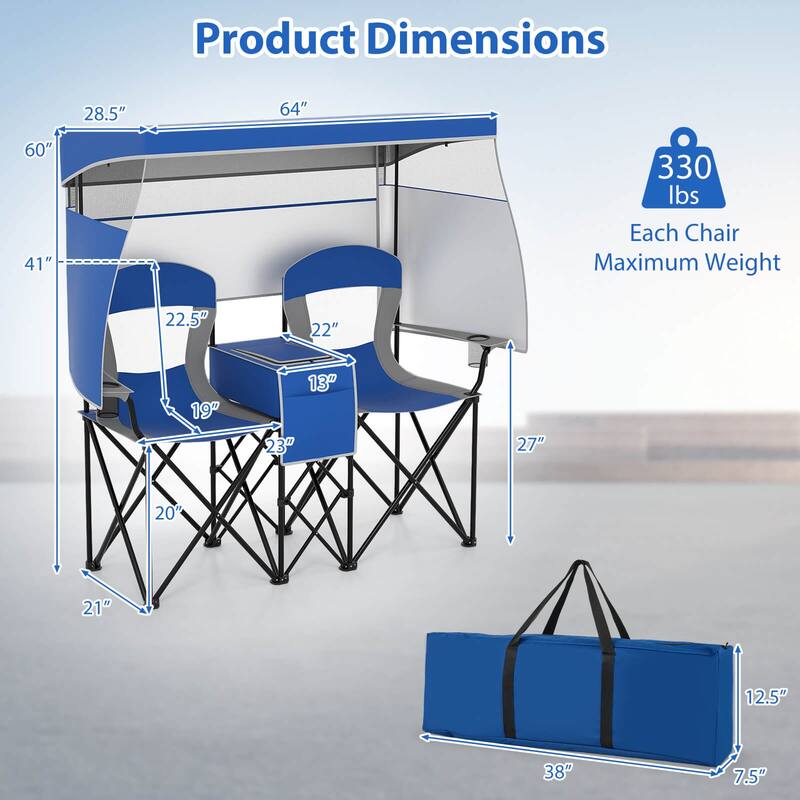 Costway Double Beach Chair with Adjustable Canopy Oversized Folding