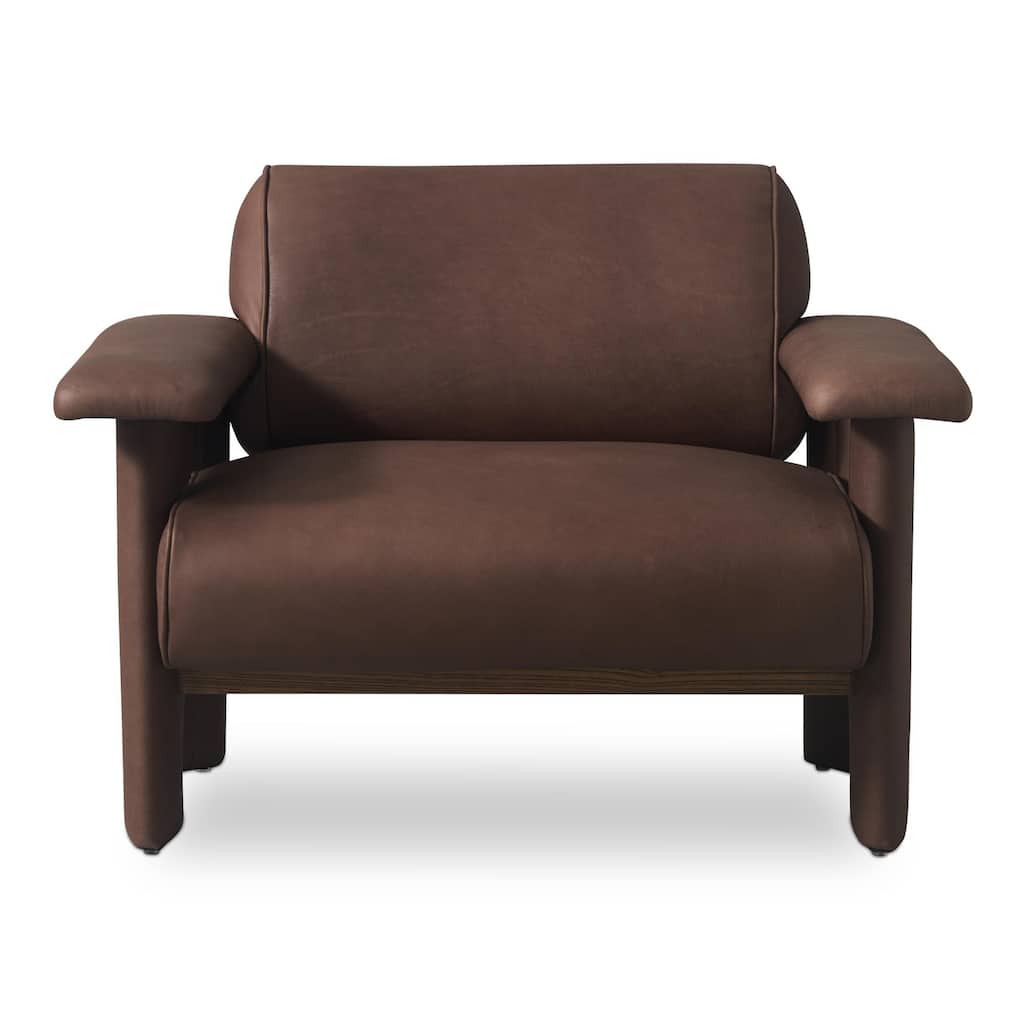 NADAAL STUDIOS Marcellus, Leather Lounge Chair With Piping Details - 40.2"W x32.5"D x29.9"H