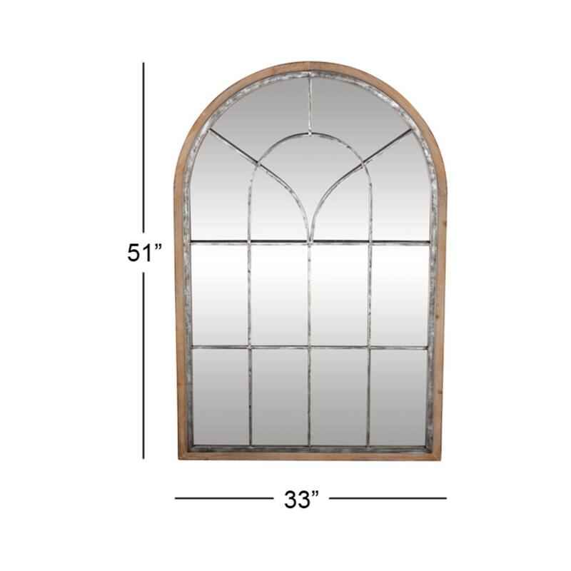Wooden Window Pane Inspired Wall Mirror with Arched Top - Brown - Roche River Decor - 1"W x 33"L x 51"H