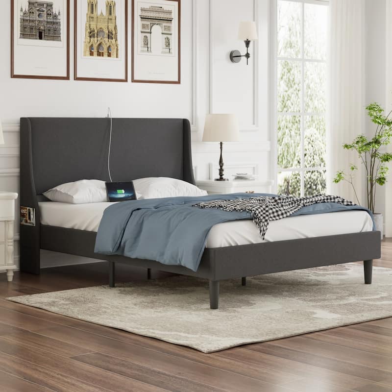 VECELO Bed Frame with Upholstered Wingback Headboard Platform Bedframe with Charging Station & Side Pockets - Black - Full