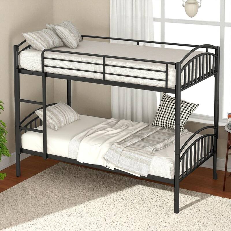 Twin Over Twin Metal Bunk Bed with Ladder and Safety Rails, Convertible into Two Twin Beds, No Box Spring Needed