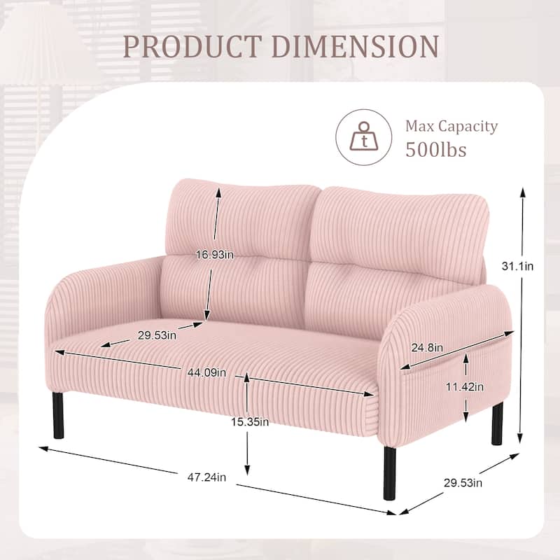 HOMEFUN Corduroy Upholstered Tufted Comfortable Wood Frame Loveseats Sofa with Double Side Pocket