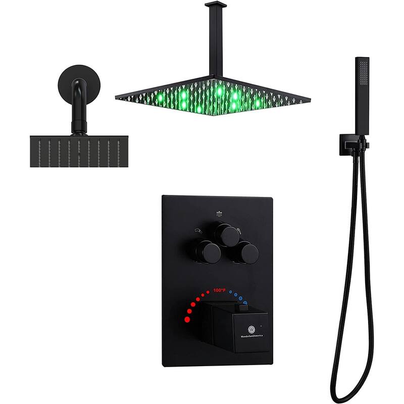 Dual Heads 12" LED Rainfall & High Pressure 6" Shower System w/ Thermostatic Faucet - Matte Black - Matte Black