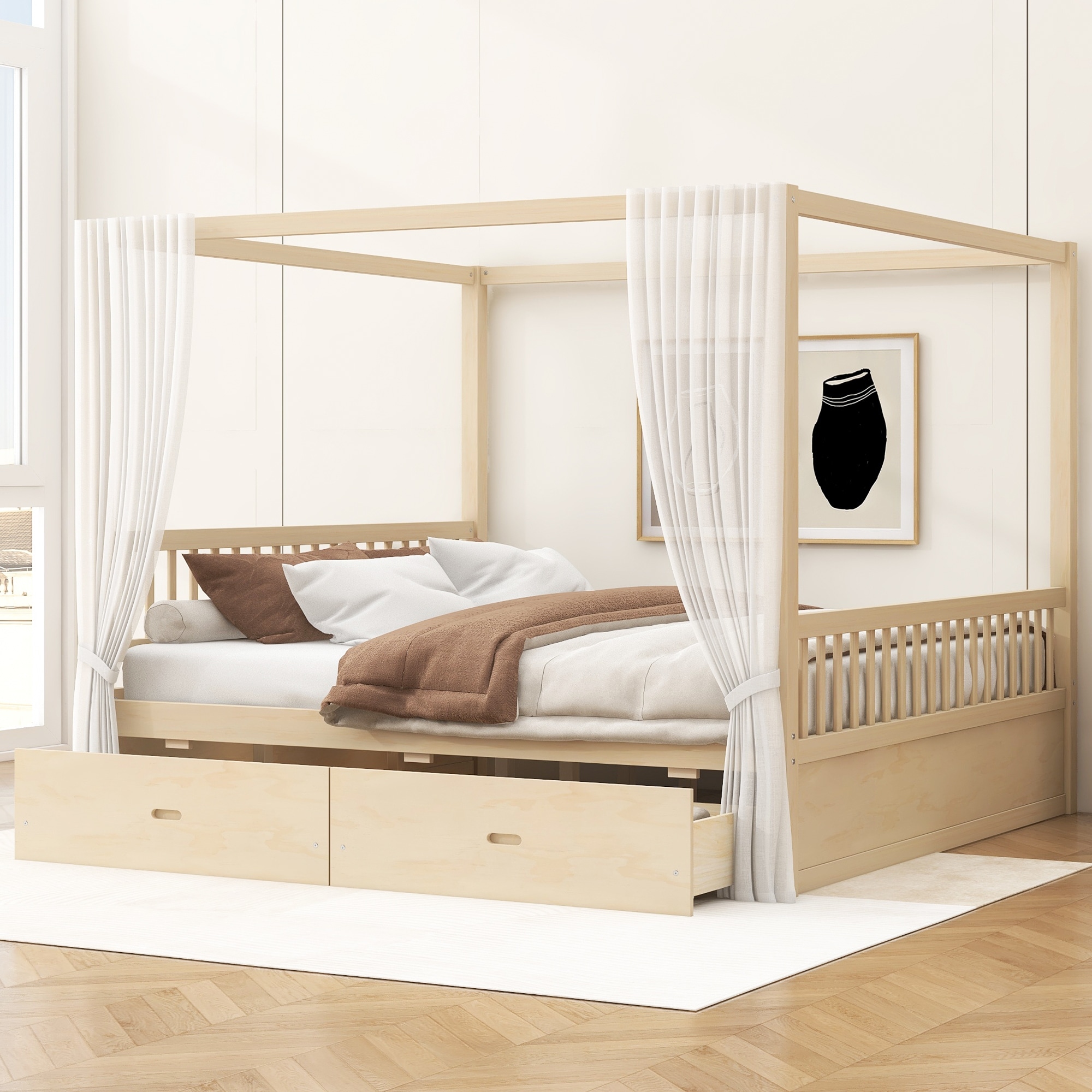 Roomfitters Queen/King Wooden Canopy Bed with 2 Storage Drawers, Solid Wood Frame, Walnut