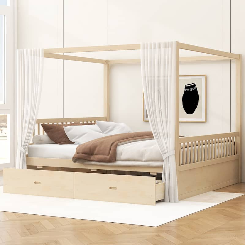 Wooden Canopy Bed with Storage Drawers, Low-Profile Four Poster Platform Bed with Wood Slat Support, No Box Spring Needed