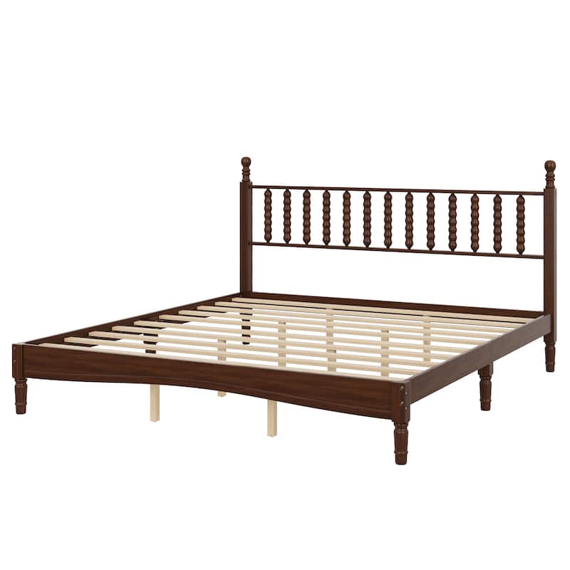 Wood Platform Bed Frame with Gourd Shaped Headboard, Retro Style Low Profile Bed with Wooden Slat Support, No Box Spring Needed