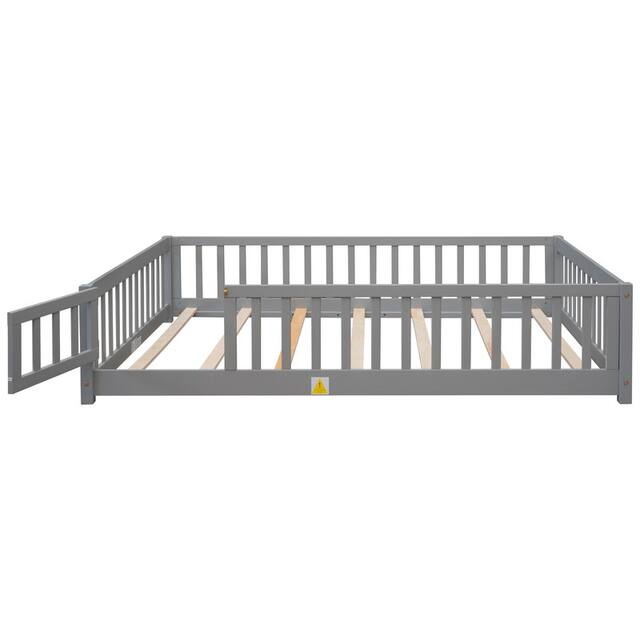 Twin/Full/Queen size Floor Platform Bed with Fence and Door for Kids, Toddlers