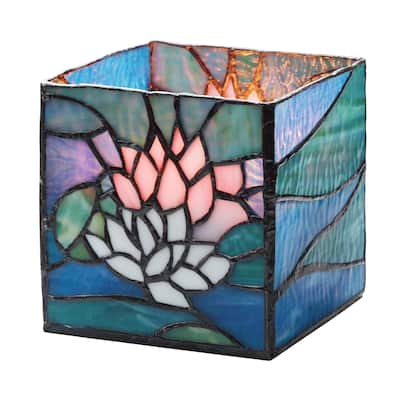 River of Goods 4.75-Inch Blue Pond Lilies Stained Glass Candle Holder - 4.75" x 4.75" x 4.75"