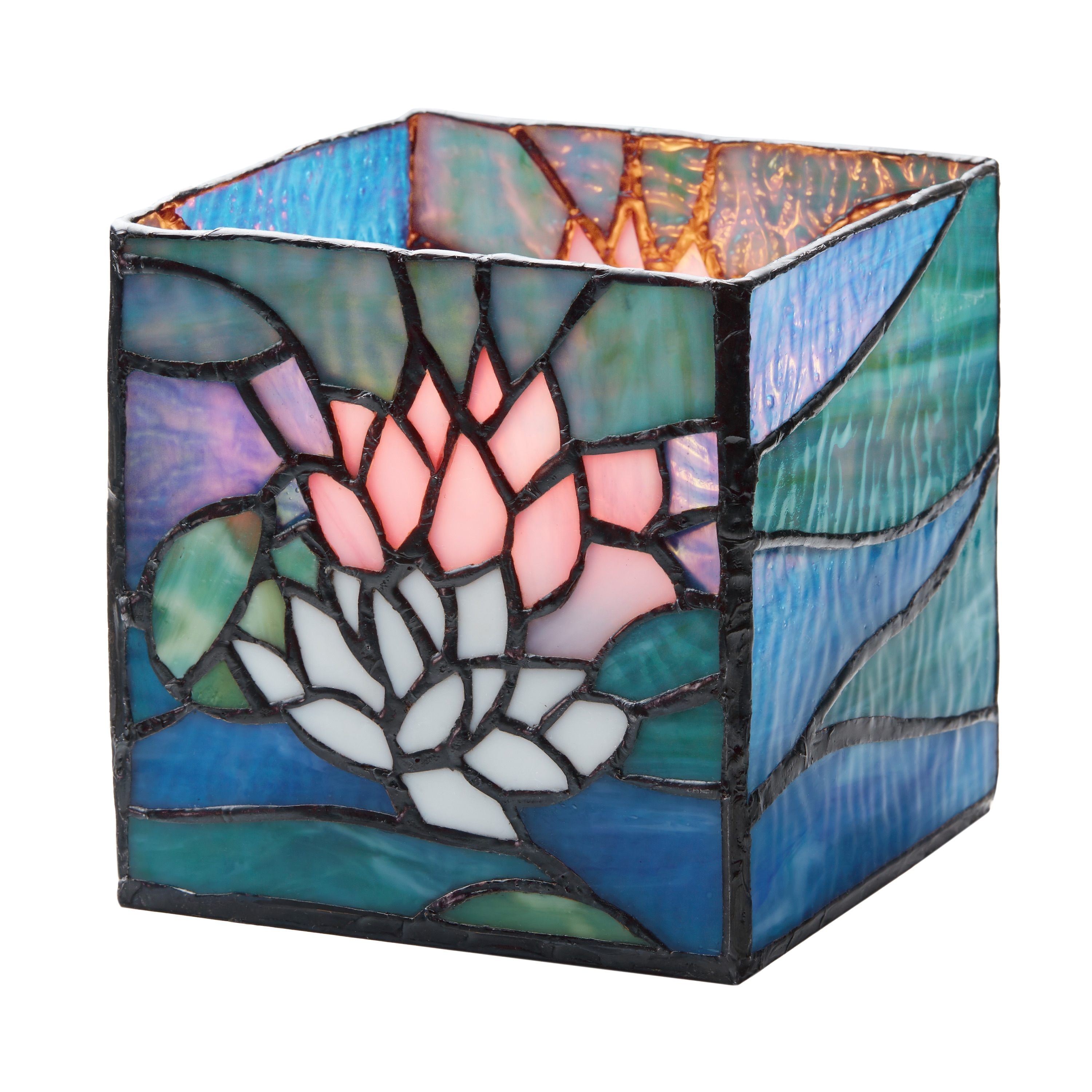 River of Goods 4.75-Inch Blue Pond Lilies Tiffany-Style Stained Glass Candle Holder - 4.75" x 4.75" x 4.75"