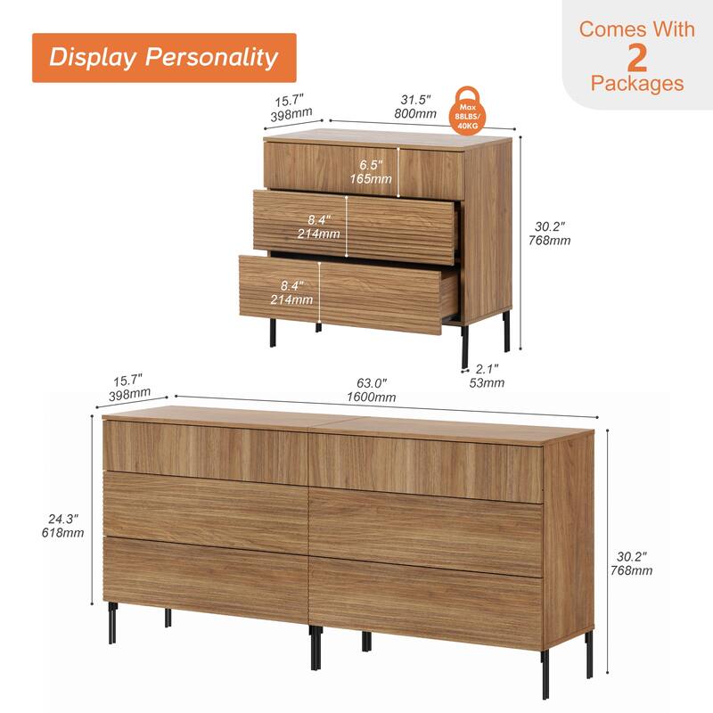 31.5" Reeded Dresser TV Stand, Modern Minimalist Entertainment Center, Wooden TV Console 